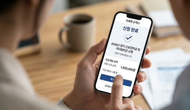 스마트폰 국세청 손택스 모바일 앱을 활용해 근로장려금 신청 및 지급 예상 금액을 확인하는 모습