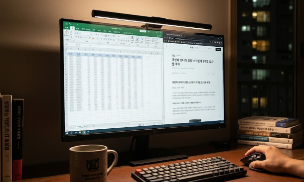 어두운 방 안 모니터 상단에 설치된 가성비 모니터 조명 스크린바가 책상 위를 은은하게 비추며 야간 문서 작업을 돕는 모습